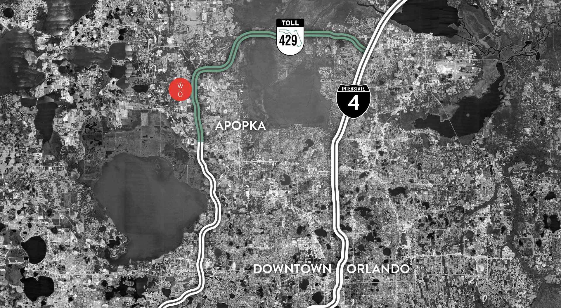 black and white satellite photo of Apopka and downtown Orlando with highways highlighted