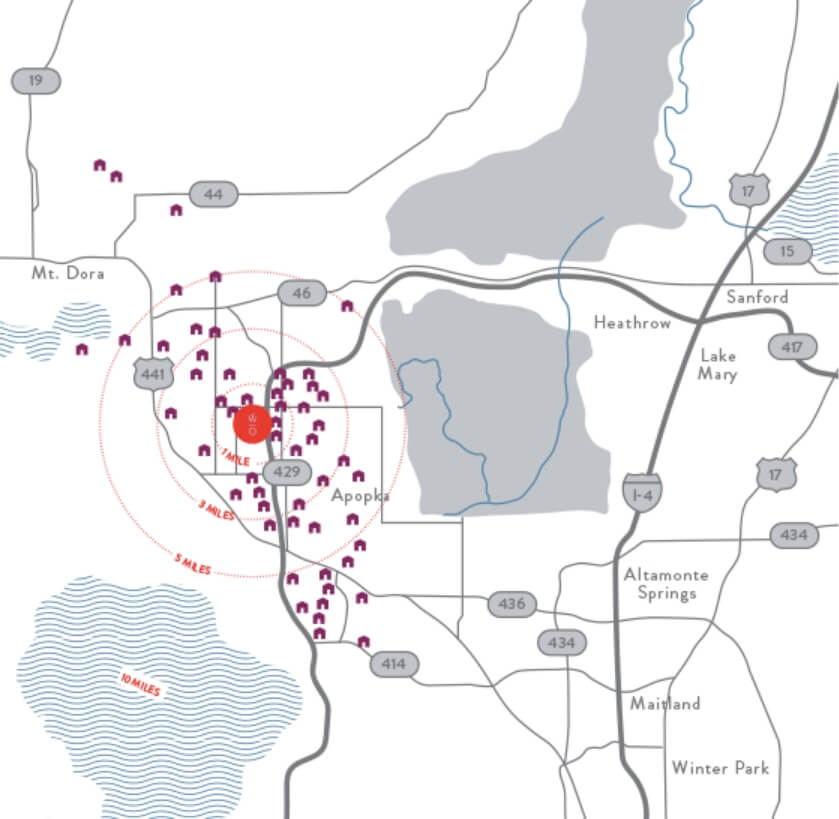 map of the apopka-northwest orlando region's housing developments in relation to Wyld Oaks