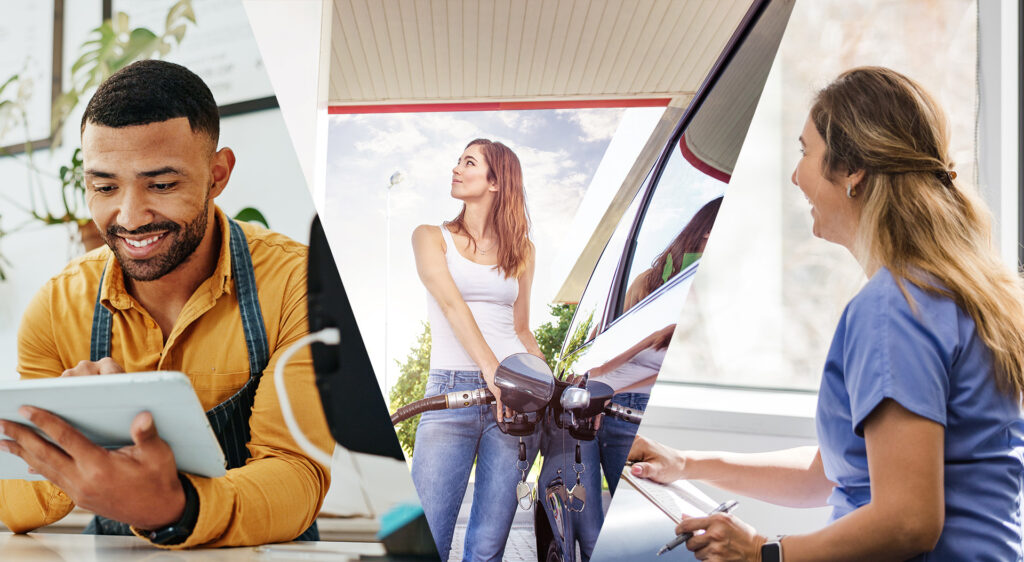 Split-image showing three people: a small business owner using a tablet, a woman fueling her car at a gas station, and a healthcare worker speaking with a patient.