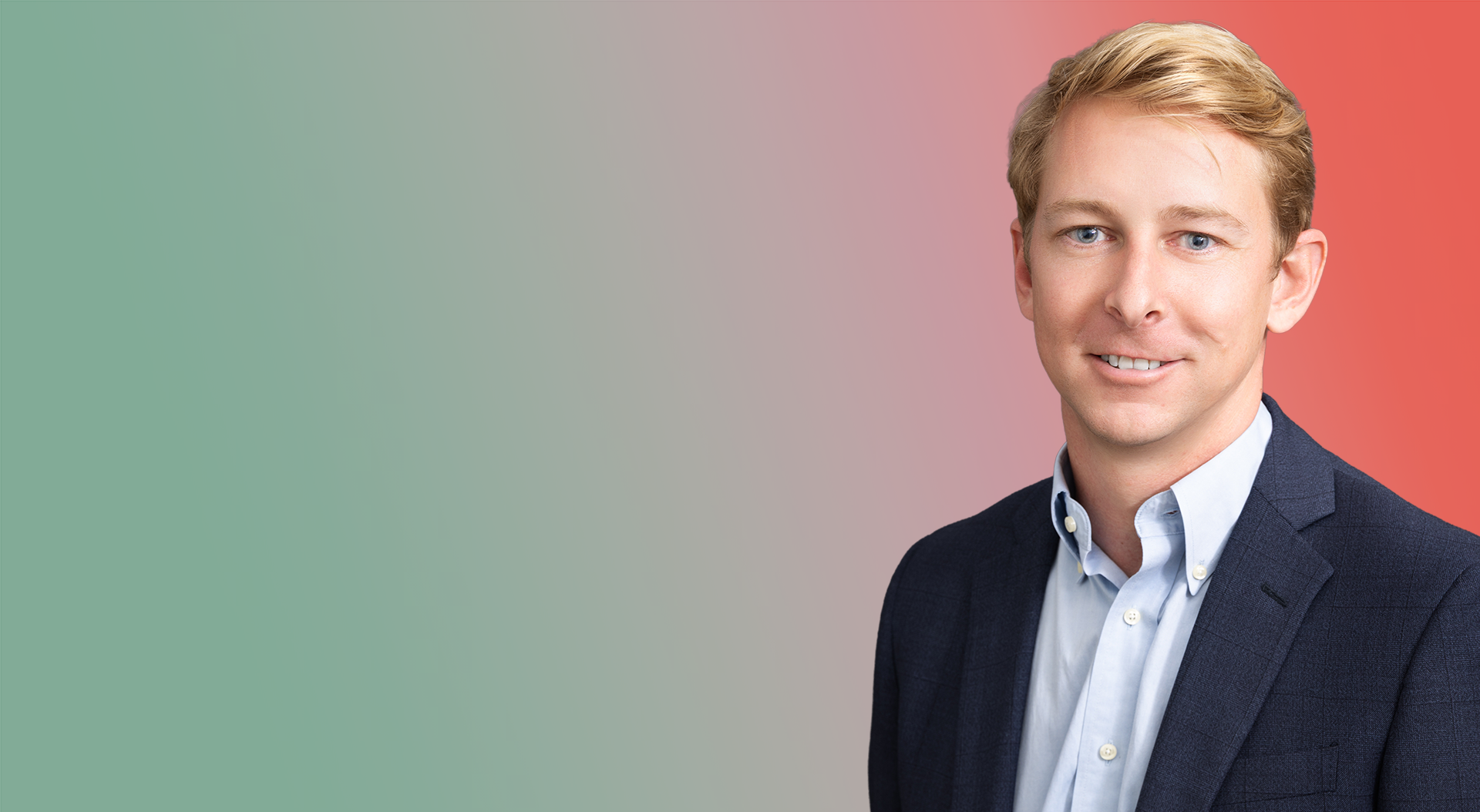 An image of a man in business attire, set in front of a gradient background that changes from green on the left to coral on the right.